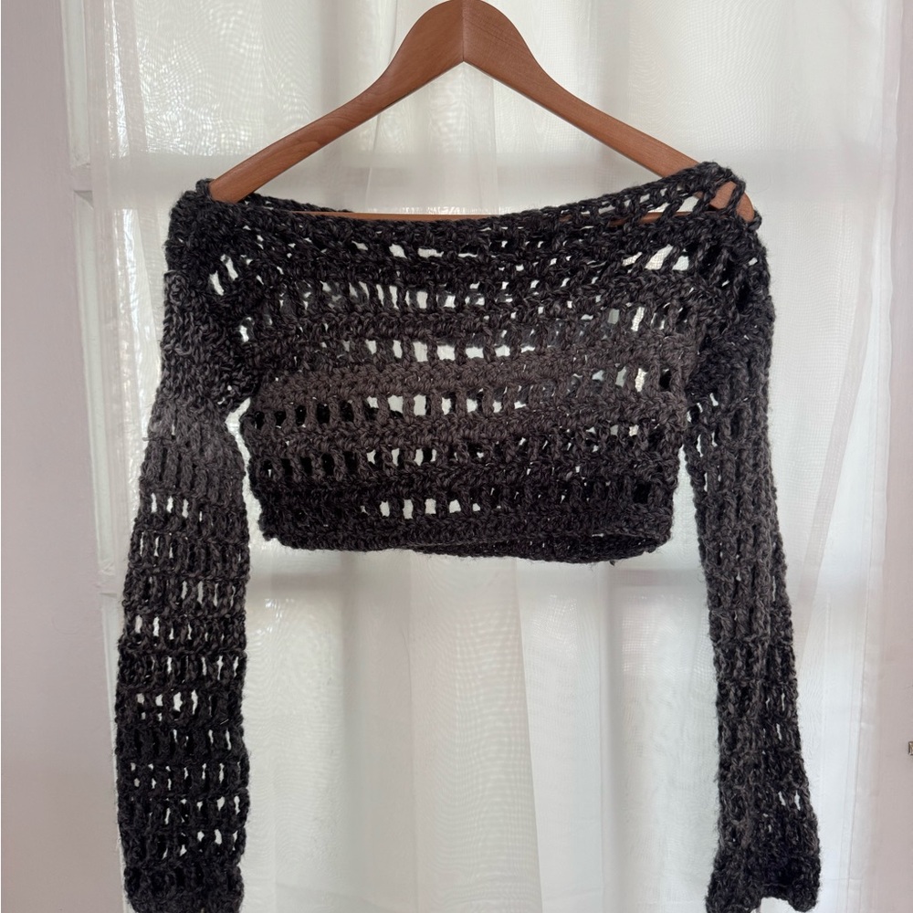 Cropped Black Open-Knit Sweater